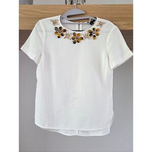 Ann Taylor White Embellished Short-Sleeve Top with Amber Floral Accents